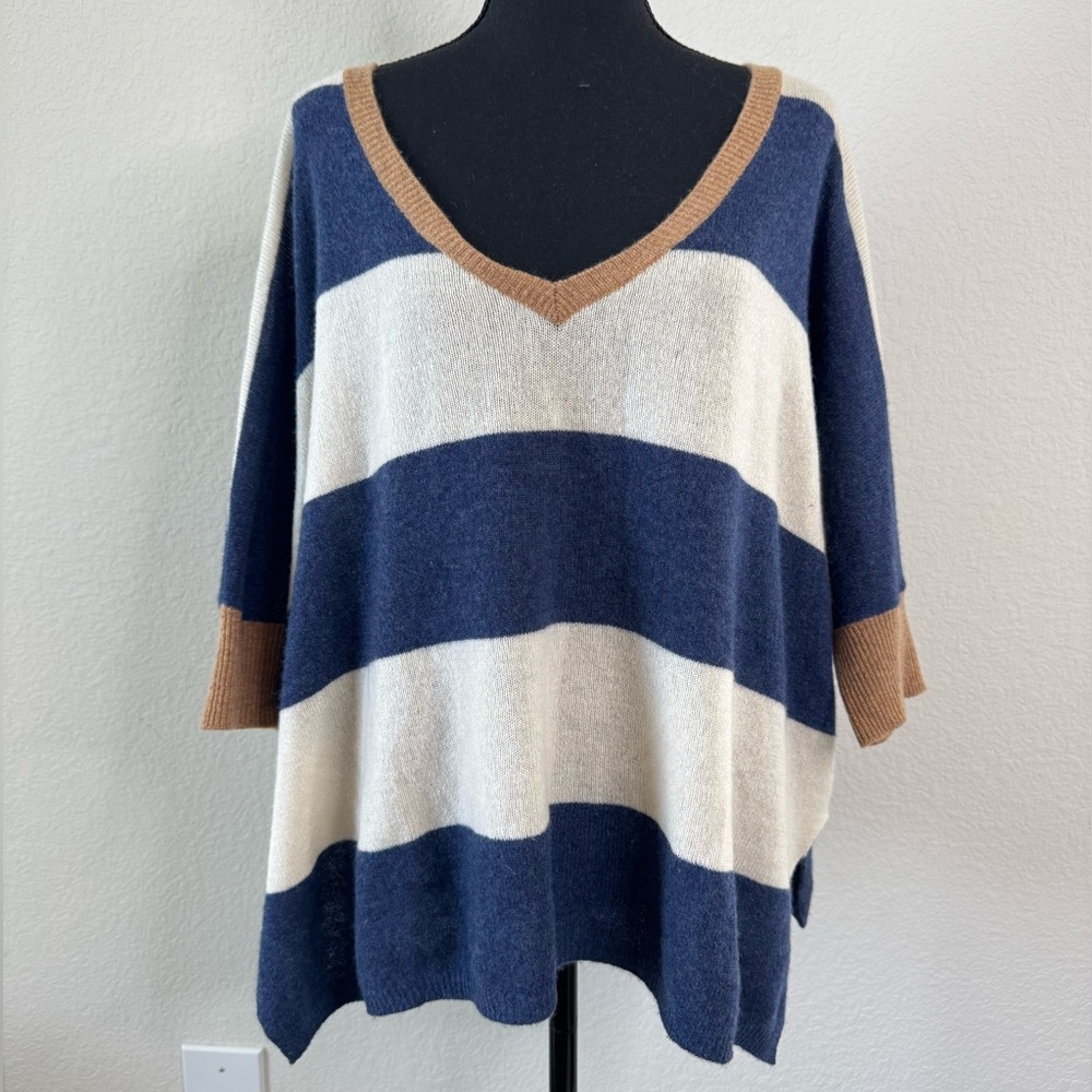 MINNIE ROSE 100% Cashmere XS/S Short Dolman Sleeve Striped Oversized Sweater